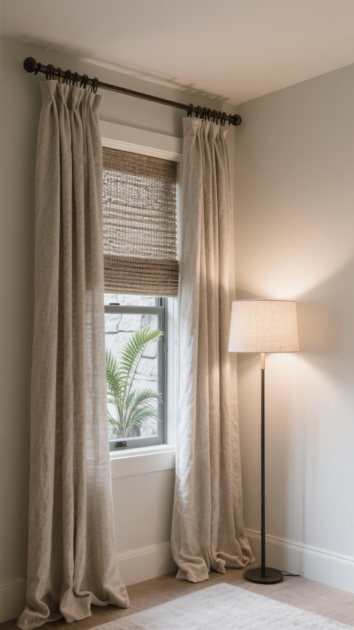 Corner-angle medium shot focusing on window dressing and faking window impact: egress or small basement window treated with rods mounted close to the ceiling and extended wide, linen or linen-blend drapes pooling slightly, layered with a textured woven shade plus blackout drapes. On an adjacent blank wall, create a “fake window moment” with full-height curtains and a slim floor lamp glowing softly behind them. If visible, a window well upgraded with ferns or a stone liner. Soft vertical lines, natural textures, and elevated designer styling; avoid shiny fabrics.