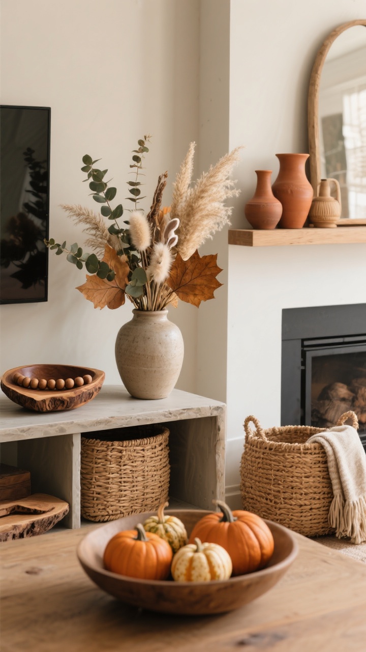 Corner angle medium shot: Nature-forward fall decor without mess. A ceramic vase with dried pampas grass, eucalyptus, bunny tails, and preserved oak leaves on a console; a live-edge wooden tray with wooden beads; a carved wood bowl on a shelf; matte stoneware and terracotta pottery pieces grouped for grounding warmth. A woven seagrass or rattan basket holds throws by the fireplace. A shallow bowl on the table contains real mini pumpkins/gourds (not plastic). Warm, cozy lighting, no people.