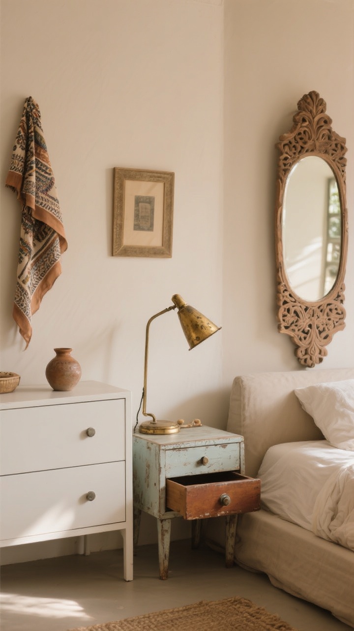 Corner angle medium shot of a collected-not-catalog boho bedroom vignette: a simple modern platform bed and clean-lined dresser as anchors; a thrifted mismatched nightstand with a tiny quirk (one non-matching drawer pull); a carved vintage mirror leaned on the wall; a brass lamp with visible patina; personal treasures like a small pottery piece and a framed vintage scarf as wall art. Warm neutral backdrop, natural daylight with subtle highlights. No people.