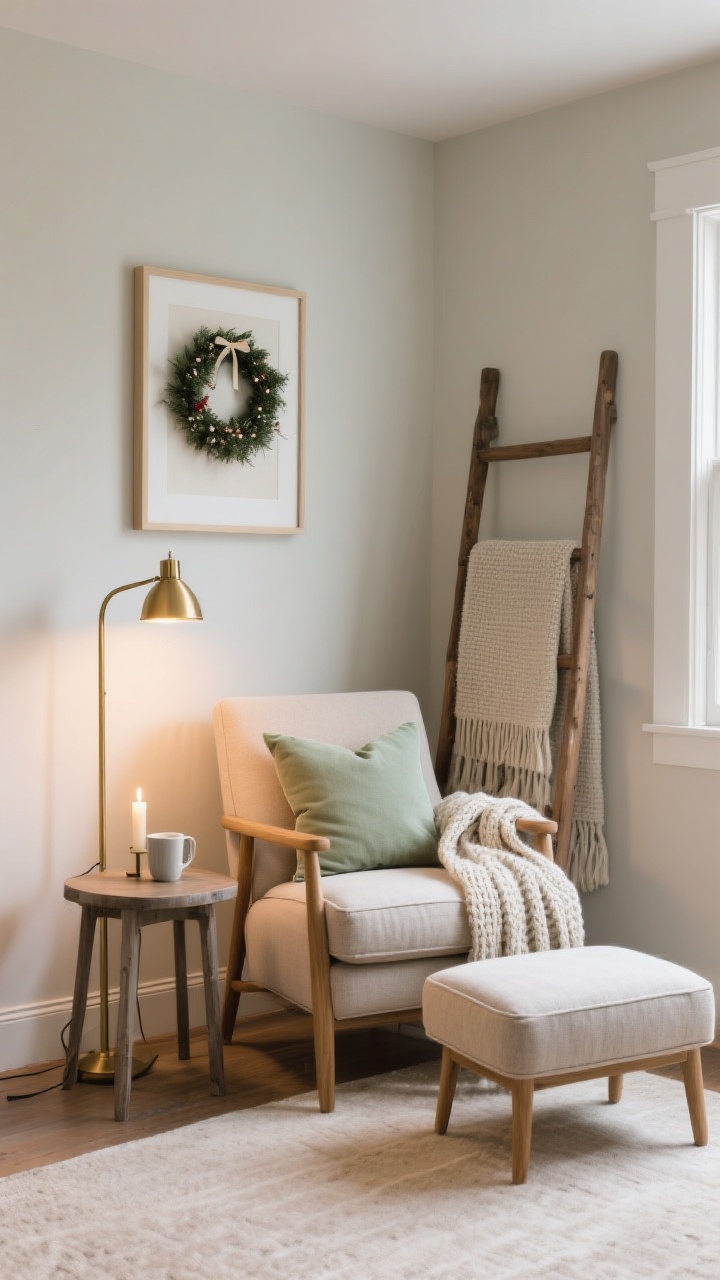 Corner angle medium shot of a cozy seating nook: a reading chair with matching ottoman, lumbar pillow in soft sage, and a draped knit throw; a small sturdy side table holding a mug and a candle; a slim brass floor lamp casting warm light; a blanket ladder in the background; above the chair, a simple wreath or minimal holiday print framing the space; calm, inviting vibe, photorealistic.