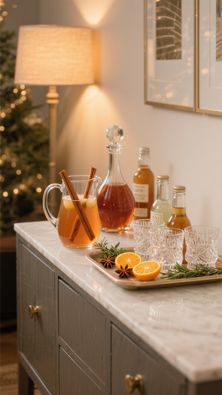 Corner-angle medium shot of a mini beverage station on a sideboard: a glass pitcher of spiced apple cider with cinnamon stick stirrers, an amber decanter with wine or batch cocktail, and a small tray corralling bottles and cut crystal glasses; garnishes arranged neatly—orange wheels, star anise, fresh thyme; warm ambient light from a nearby lamp; tidy and festive.