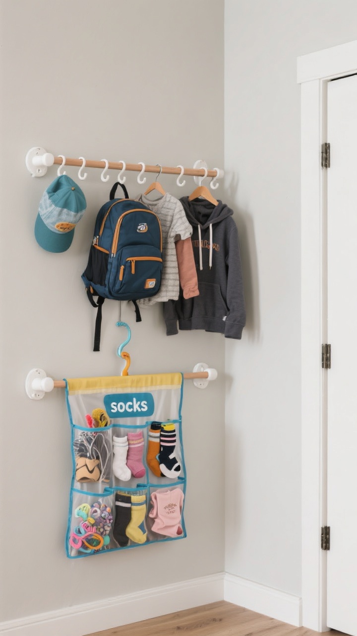 Corner-angle medium shot of vertical storage: double closet rods installed—tops hanging on the upper rod, bottoms on the lower within a child’s reach. A row of white command hooks on the wall holding hats, a backpack, and a hoodie; an over-the-door organizer filled with socks, tights, hair accessories, and rolled tiny tees. A mesh laundry bag labeled “socks” hangs from a hook. Crisp daylight, neutral wall, functional modern look, photorealistic.