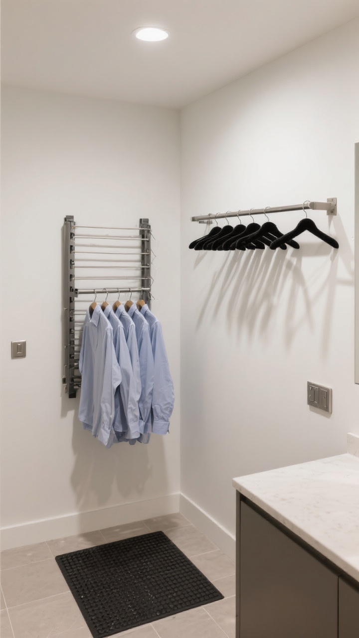 Corner angle medium shot of wall-mounted drying solutions: an accordion drying rack folded out with shirts hanging, a retractable clothesline stretched across to the opposite wall, and a ceiling-mounted rail with slim, non-slip black velvet hangers over a counter. A dark rubber drip mat on the floor beneath the drying zone protects pale tile. Subtle task lighting, neutral palette with matte white walls and stainless hardware, photorealistic.