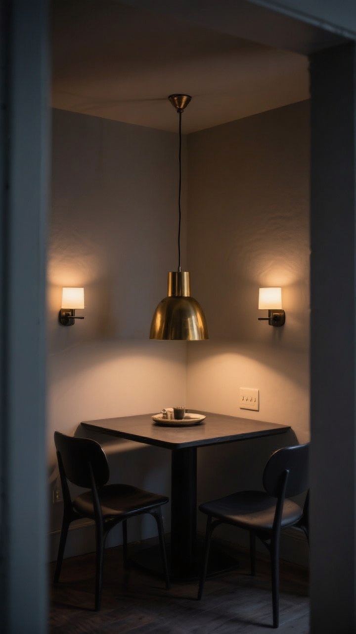 Corner angle medium shot: Small dining table under a statement pendant scaled to roughly two-thirds the table width, hung 32 inches above the tabletop. Dim, moody evening scene with a dimmer set to a warm, intimate glow. Add a pair of wall sconces on either side to define the dining zone without floor lamps, casting soft pools of light. The table is centered beneath the fixture, creating intentional structure in the tiny space; finishes in brass or matte black metal to feel cohesive.