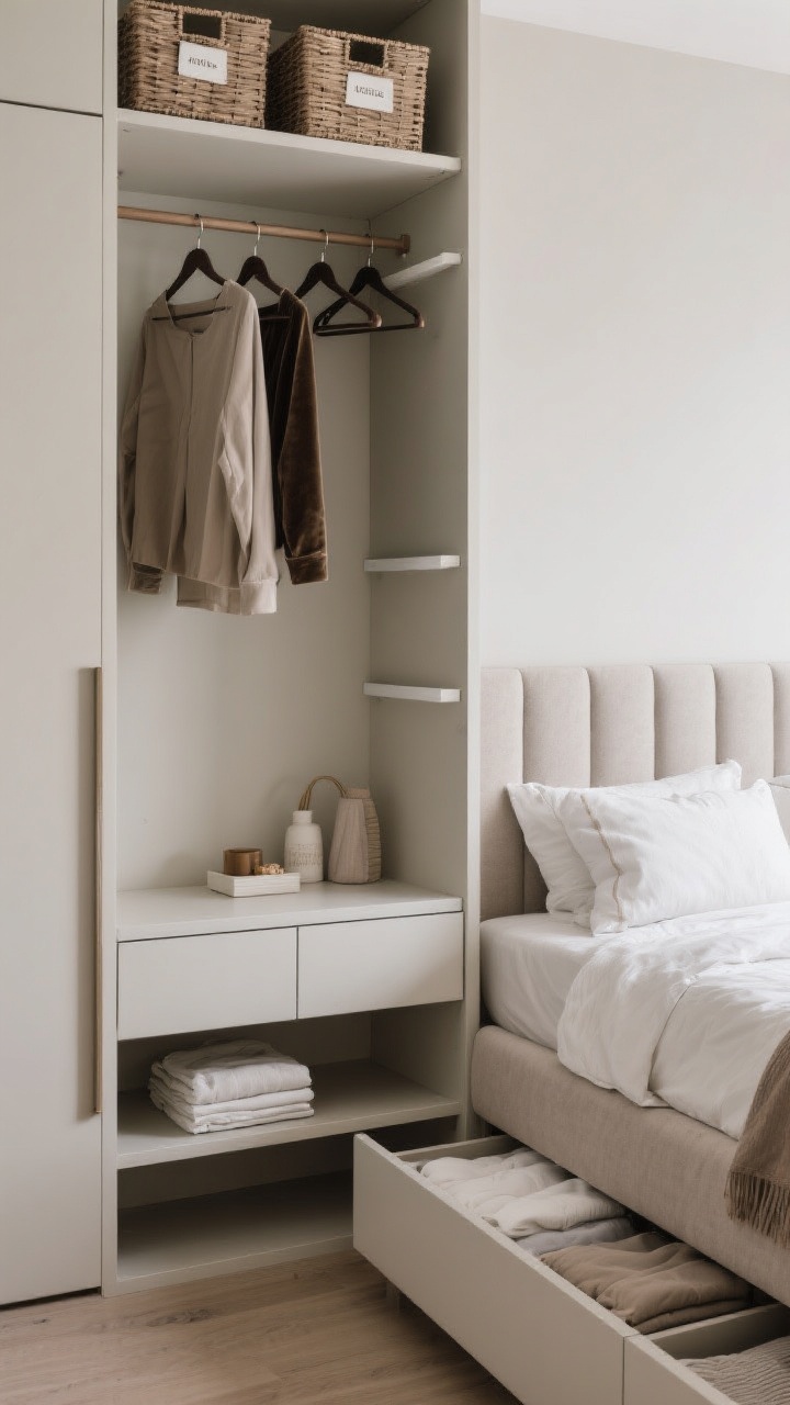 Corner angle medium shot: Smart storage solutions—an upholstered bed with discreet under-bed drawers partially open showing neatly folded linens, a headboard with built-in shelves acting as a mini nightstand (closed storage below, a few pretty items on open shelves), and a slim over-door shelf holding labeled baskets. Closet door ajar revealing double-hang rods, slim velvet hangers, and shelf dividers. Calm, neutral palette with concealed clutter.