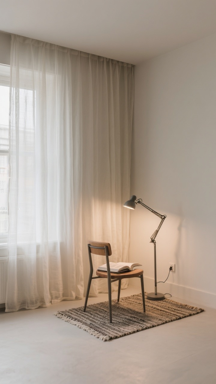 Corner medium shot creating zones with fabric and light: a tiny reading nook defined by sheer ceiling-hung curtains softly framing the corner; a small flatweave rug under a slender chair to mark the area; a clip-on task lamp providing focused light; overall room remains open and uncluttered; gentle, cozy illumination with layered textures