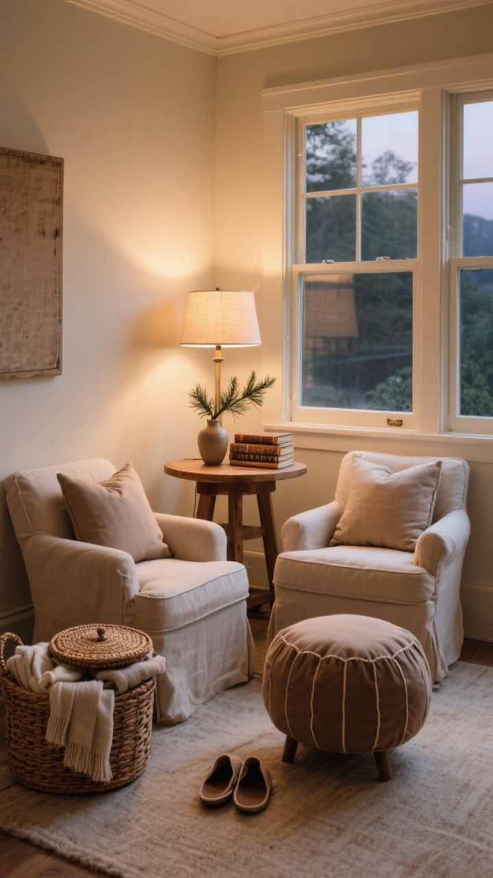 Corner medium shot of a cocoa-ready conversation nook by a window: two slipcovered armchairs facing each other with lumbar pillows, a petite wood table between them holding a small lamp, a short stack of vintage books, and a cedar sprig in a bud vase. A lidded woven basket nearby filled with folded throws and extra slippers. A small footstool/pouf tucked in front of one chair. Cozy, warm evening lighting with gentle window glow.