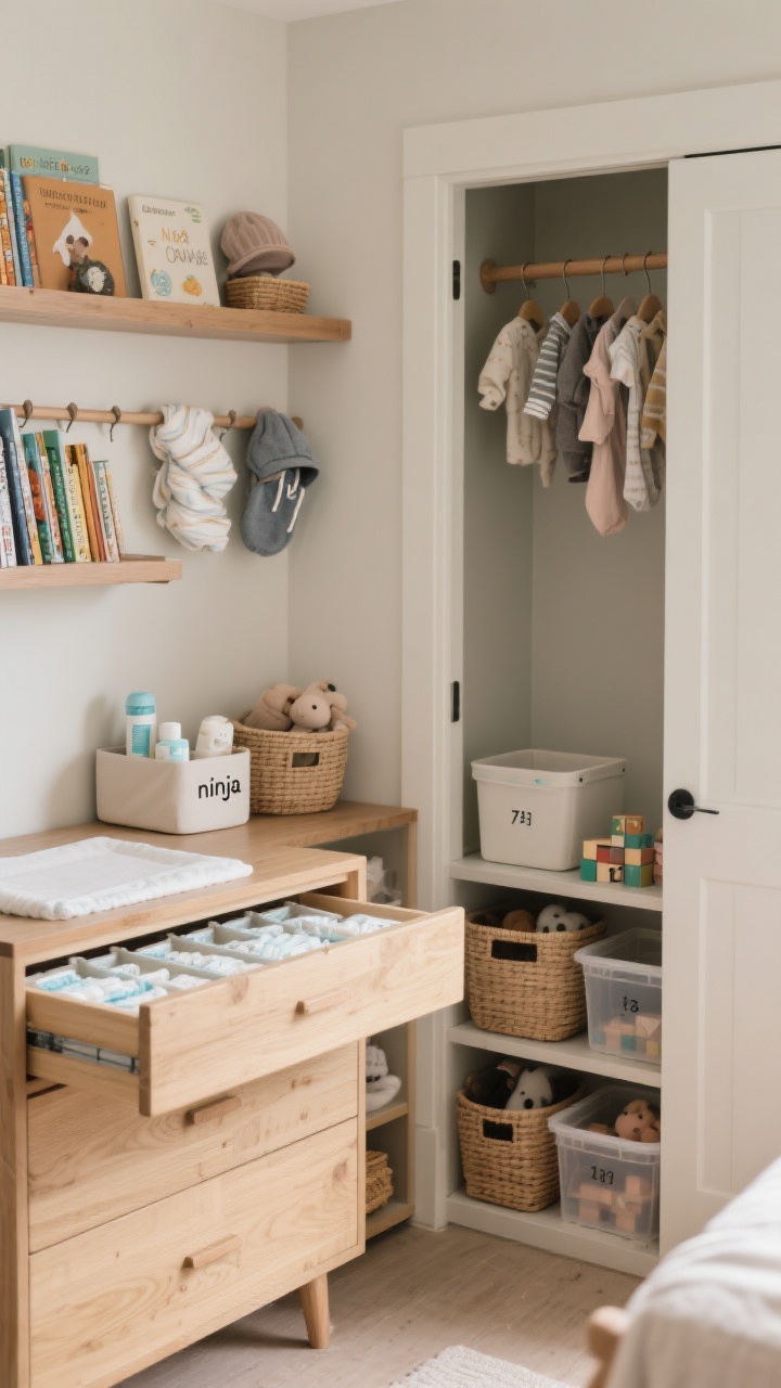 Corner medium shot of ultra-functional nursery storage “ninja” setup: a solid wood dresser with a changing topper, open top drawer showing neat dividers for diapers/wipes/cream, a labeled caddy on the surface. Closet door ajar revealing a double-hang rod with tiny clothes, and bins labeled by month range on the shelf. Floating bookshelves with lip edges holding face-out books, plus a peg rail with swaddles, hats, and a tiny hoodie. Lidded baskets for soft toys and clear bins for blocks on a low shelf. Neutral baskets and sturdy shelving that could grow with the child. Soft, even lighting, photorealistic.