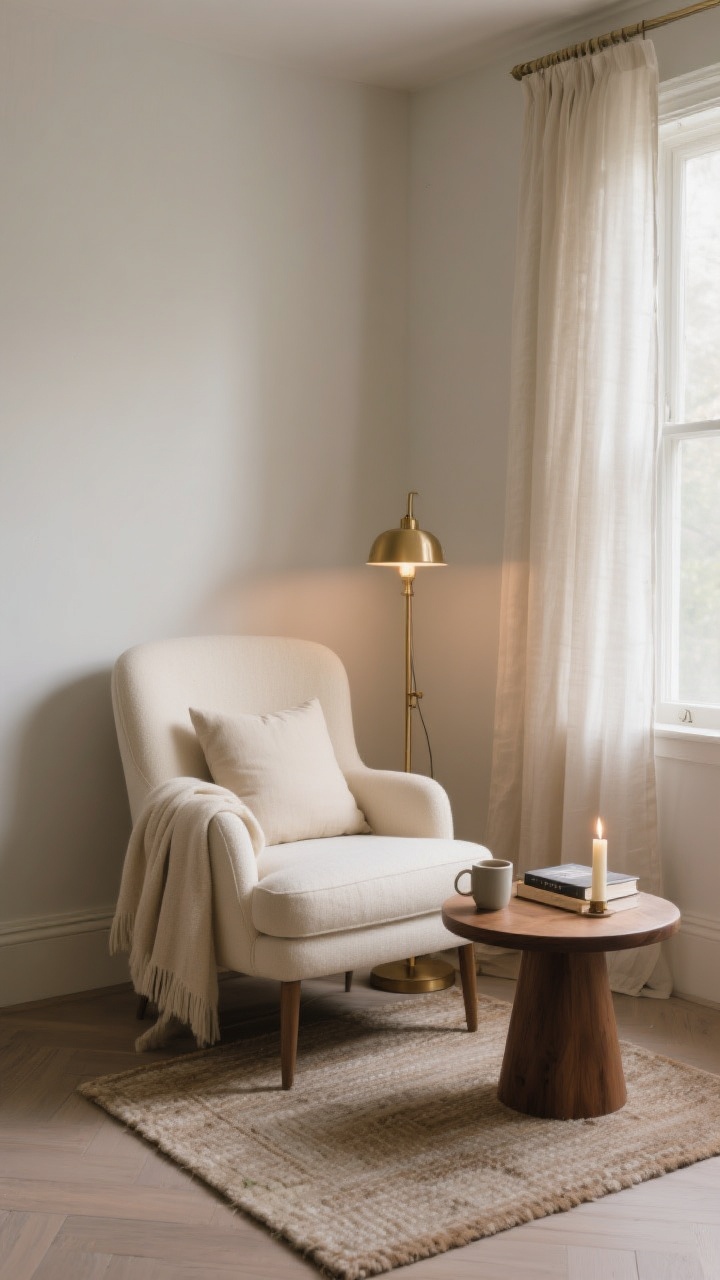 Corner medium shot reading nook: a comfortable slipper chair in cream with a lumbar pillow, soft throw draped over the arm; a small round wood side table holding a mug, book, and candle; a small rug anchors the area; a brass reading floor lamp provides task light with a candle’s ambient glow; window nearby with sheer linen curtain; intimate, calm atmosphere; photorealistic.
