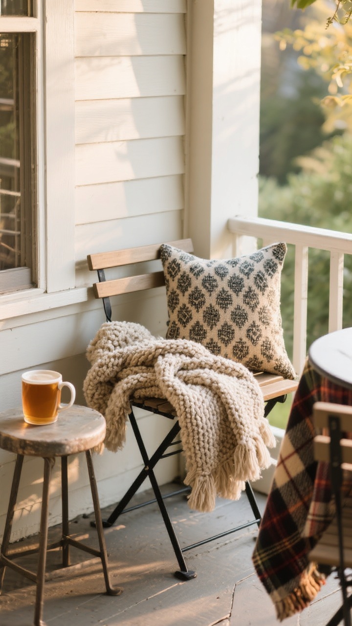 Cozy seating detail shot on a small porch corner: a slim wooden bench or bistro chair with outdoor-safe, fade-resistant pillows in patterned fabrics, a chunky knit throw, faux wool, and boucle textures draped casually; a folded café set nearby with a plaid throw over the chair back; warm, diffused morning light; subtle cider mug prop on a tiny side stool; focus on tactile textiles.