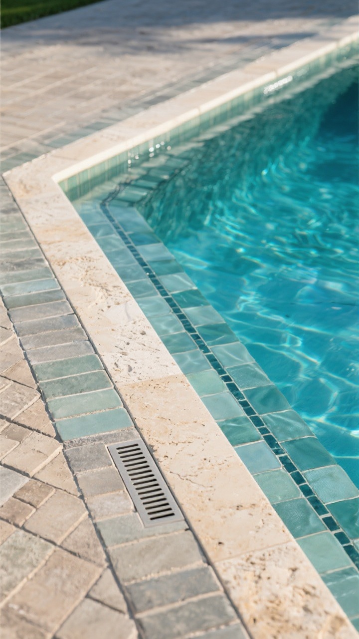 Detail/angle shot along the pool edge, bright midday: Focus on upgraded edges. Show a refined waterline with stacked glass or zellige-style matte porcelain tile in a coordinated palette. Wide coping (12 inches) in sandblasted limestone provides a tailored, slip-resistant frame. The deck transitions into a herringbone paver pattern, and a sleek linear channel drain with color-matched cover runs flush and seamless. Emphasize craftsmanship and material junctions, crisp photorealism.