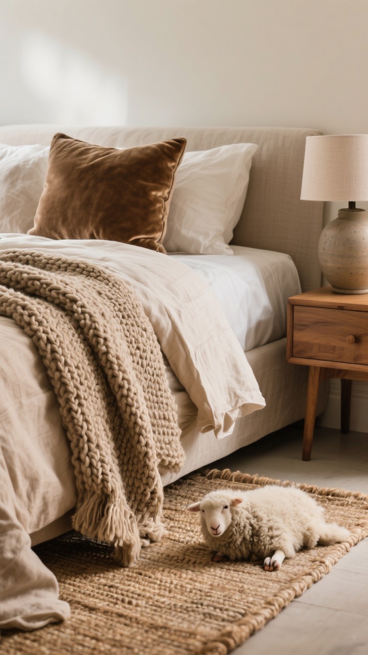 Detail closeup: a layered bed corner showcasing texture contrast—washed linen duvet in warm neutral with a knitted chunky throw folded at the foot, a velvet or boucle lumbar pillow resting against high-quality cotton or linen sheets; in the foreground, the edge of a wool rug layered over a jute rug, with a small sheepskin peeking beside the bed for “luxe toes” vibes; next to the bed, a wood nightstand paired with a ceramic lamp base; soft, diffused light emphasizing plush, nubby, and smooth textures; photorealistic.