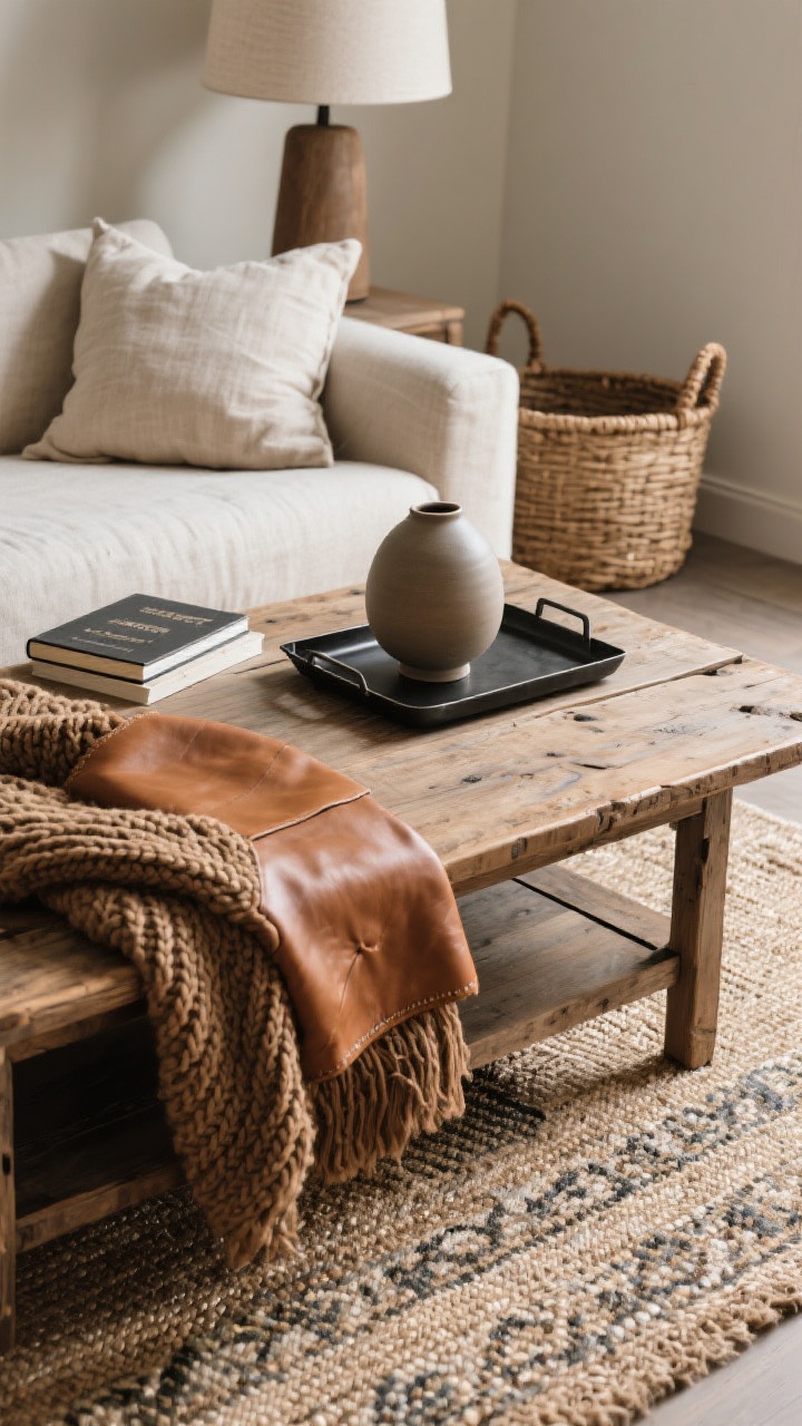 Detail closeup: A layered texture vignette on a rustic wood coffee table—chunky knit throw draped over the edge, smooth caramel leather book, washed linen pillow nearby, matte black metal tray holding a small smooth ceramic lamp base. Underneath, a jute rug layered with a smaller patterned rug peeks out. Natural side light emphasizes tactile contrast; include a soft-woven basket with handles in the corner. Photorealistic, angled corner perspective.
