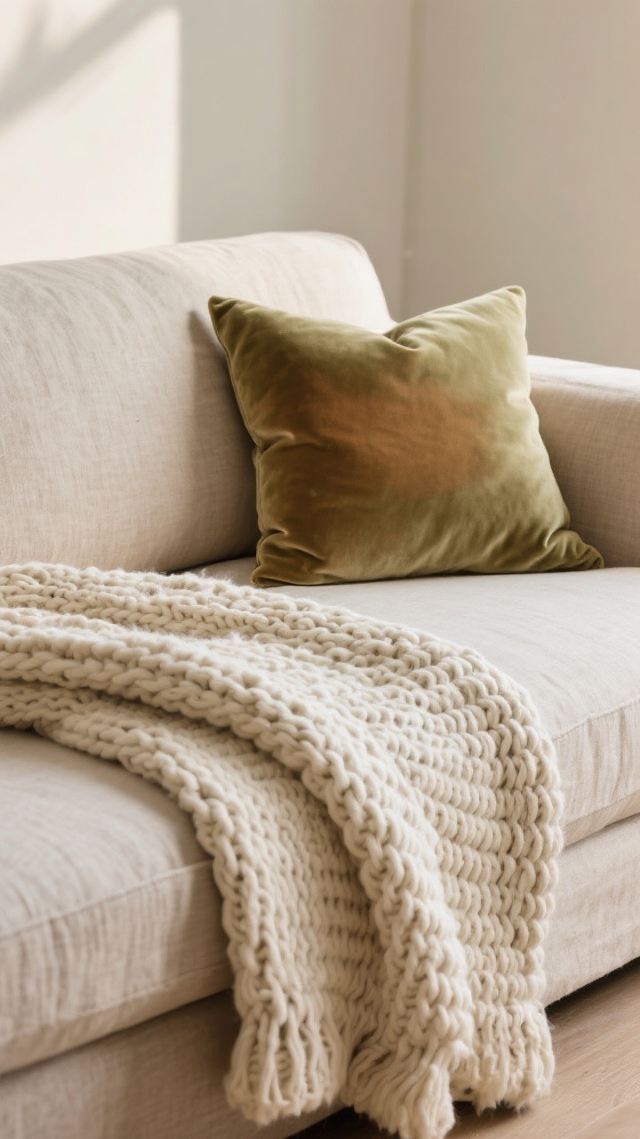 Detail closeup: A linen slipcovered sofa draped with a chunky knit throw, paired with a single velvet pillow; the texture stack is the star, showing weave, fuzz, and sheen in soft warm natural light; colors in calm neutrals—oatmeal linen, cream knit, and a muted sage or clay velvet accent—shot straight-on to emphasize tactile contrast, photorealistic.