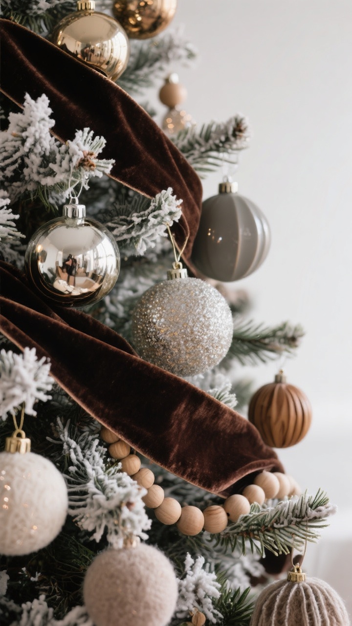 Detail closeup: A rich texture mix on a section of the tree—velvet ribbon, mercury glass ornaments, matte ceramic baubles, natural wood beads, and soft felt ornaments; optional looks hinting at Scandi cozy and wintry luxe with flocked picks; subtle reflections and tactile contrasts emphasized by soft diffused lighting, photorealistic.