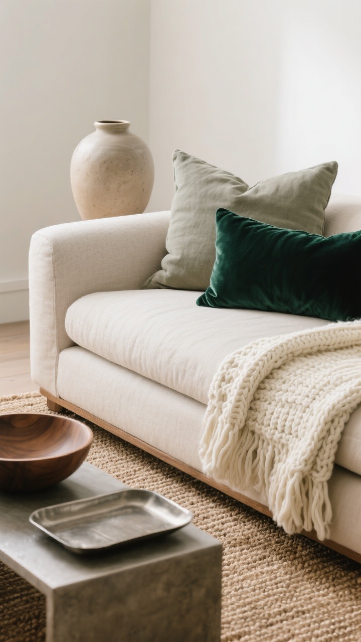 Detail closeup: A sofa corner layered with textures—linen pillows in greige, a chunky knit throw in creamy off-white, and a deep emerald velvet lumbar—set against a jute rug that peeks into frame, with a ceramic vase, wood bowl, and brushed metal tray on a nearby coffee table; soft diffused light highlights matte vs. glossy surfaces