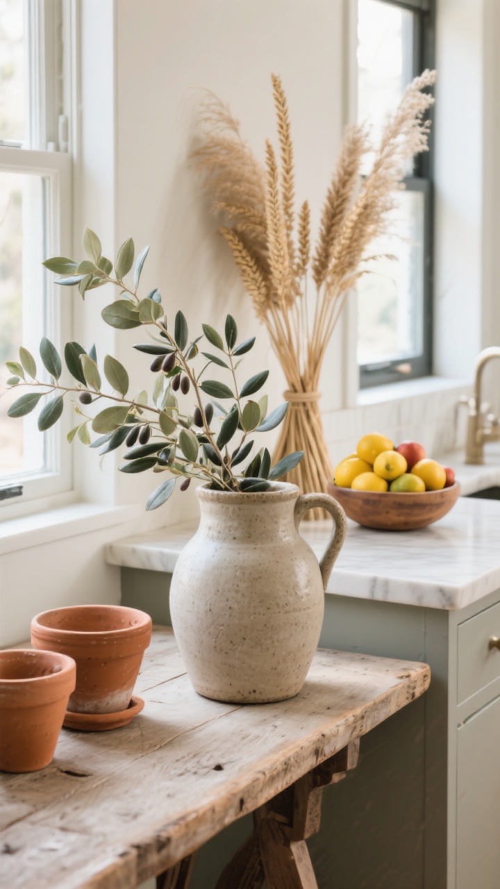 Detail closeup: A stoneware jug filled with eucalyptus and olive branches on a rustic console; next to it, a terracotta pot cluster on a windowsill and a kitchen island bowl piled with seasonal fruit (lemons). Include a small bundle of dried stems (pampas and wheat) in the background for zero-maintenance texture. Soft natural daylight, crisp, clean composition, photorealistic.