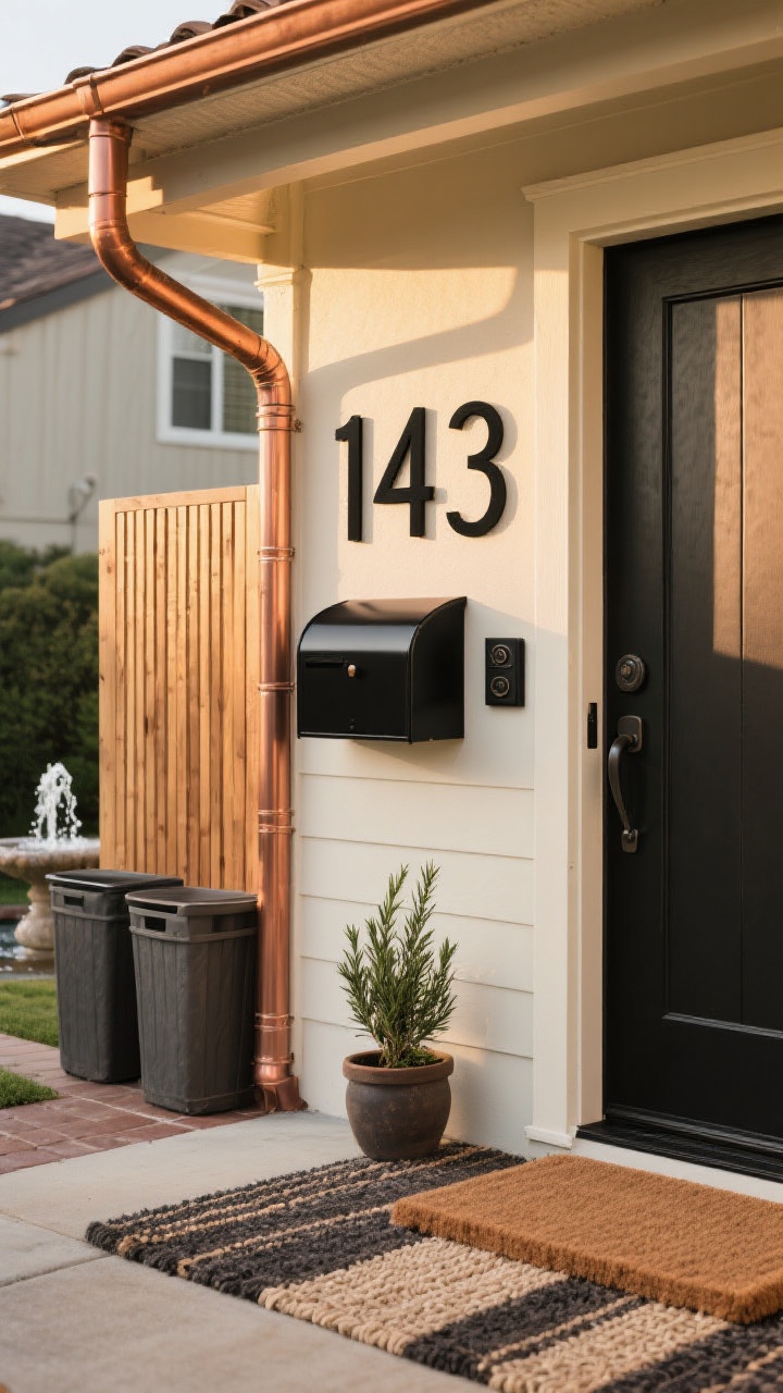Detail closeup, angled from entry corner, of charming finishing touches: oversized modern black house numbers on cream trim, a sleek matte black wall-mounted mailbox, layered rug and coir doormat at the threshold, copper-look gutter and downspout catching warm light, and a slatted wood privacy screen partially hiding bins; include a small bubbling fountain in the background and a pot of rosemary near the door; optional view of a refined doorbell next to matching handle set; late golden-hour lighting for warmth.