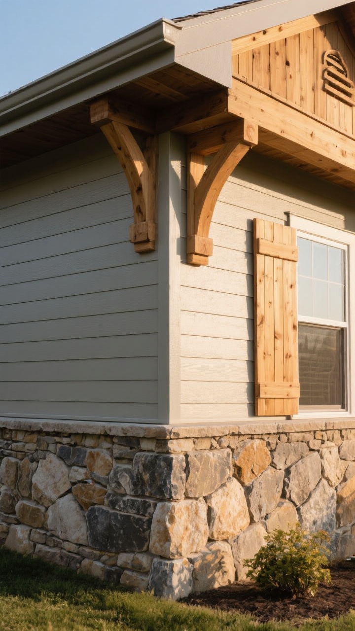 Detail closeup at corner angle focusing on cozy exterior textures: a 24–36 inch stone veneer skirt grounding the facade, smooth fiber-cement siding above, and a natural wood beam with simple corbels; include board-and-batten cedar shutter partially in frame and a cedar gable accent; cohesive palette with two primaries (stone and siding) plus wood as the accent; late-day raking light to emphasize rough stone vs smooth siding, photorealistic texture fidelity.