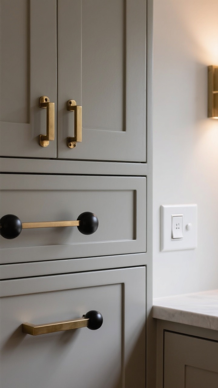 Detail closeup: Cabinet fronts featuring mixed metals—brushed brass bar pulls and matte black knobs, scaled slightly larger for a modern look—paired with matching brass door hinges and a minimal screwless matte white switch plate nearby; soft side lighting accentuates the finish contrast and crisp lines