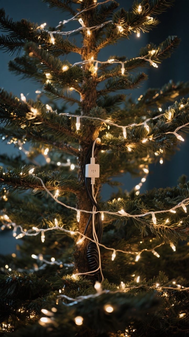 Detail closeup: Christmas tree lighting technique shown in vertical sections—strands woven in and out of branches from top to bottom; a mix of warm white standard lights and delicate micro fairy lights for layered glow; the core of the tree illuminated richly, with the plug and extra cord hidden at the back; moody evening ambience highlighting the dimensional twinkle, photorealistic.