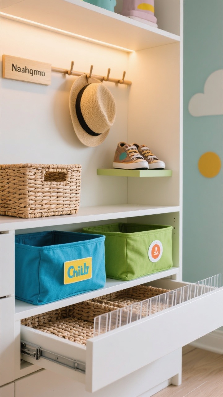 Detail closeup emphasizing style-meets-function: color-coded fabric bins (blue for one child, green for another) with sturdy woven textures and bold-font labels plus icon stickers; acrylic drawer dividers inside a shallow drawer; open-top woven baskets on a shelf; a peg rail displaying a favorite hat and a pair of special shoes on a mini shelf; a small name plaque above. Soft warm ambient lighting, playful yet tidy vibe, photorealistic.