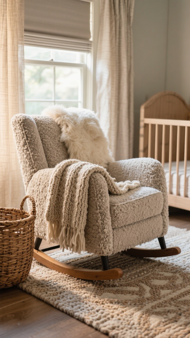 Detail closeup focusing on layered textures: a performance fabric glider upholstered in boucle-like fabric with a chunky knit throw draped over the arm, a soft faux-sheepskin casually placed over the back, and a rattan basket on the floor beside it. Include a low-pile washable woven rug with a subtle pattern underfoot, linen-look curtains and a discreet blackout roller shade in the window beyond. Warm, cozy lighting, tactile feel, no crib in frame.
