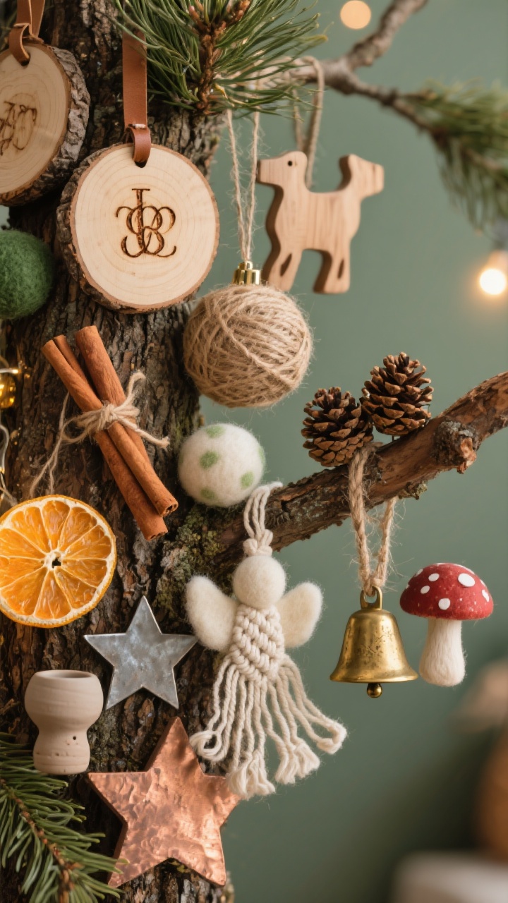 Detail closeup from a side angle focusing on layered natural textures on a rustic tree: wood disc ornaments with burned-in initials, bark stars, carved wooden animals; jute balls, twine-wrapped baubles, macramé angel; felted wool mushrooms; aged brass bells, tin stars, hammered copper shapes; small matte clay ceramics and hand-thrown mini bells. Include DIY touches: translucent dehydrated orange slices glowing against warm lights, a trio of cinnamon sticks tied with thin leather cord, and a cluster of 3–5 mini pinecones on a jute loop nestled at a branch tip. Color palette is warm neutrals, forest green, soft whites, and tiny hints of brass or cranberry; lighting is warm and cozy, with visible branch texture and needle detail.