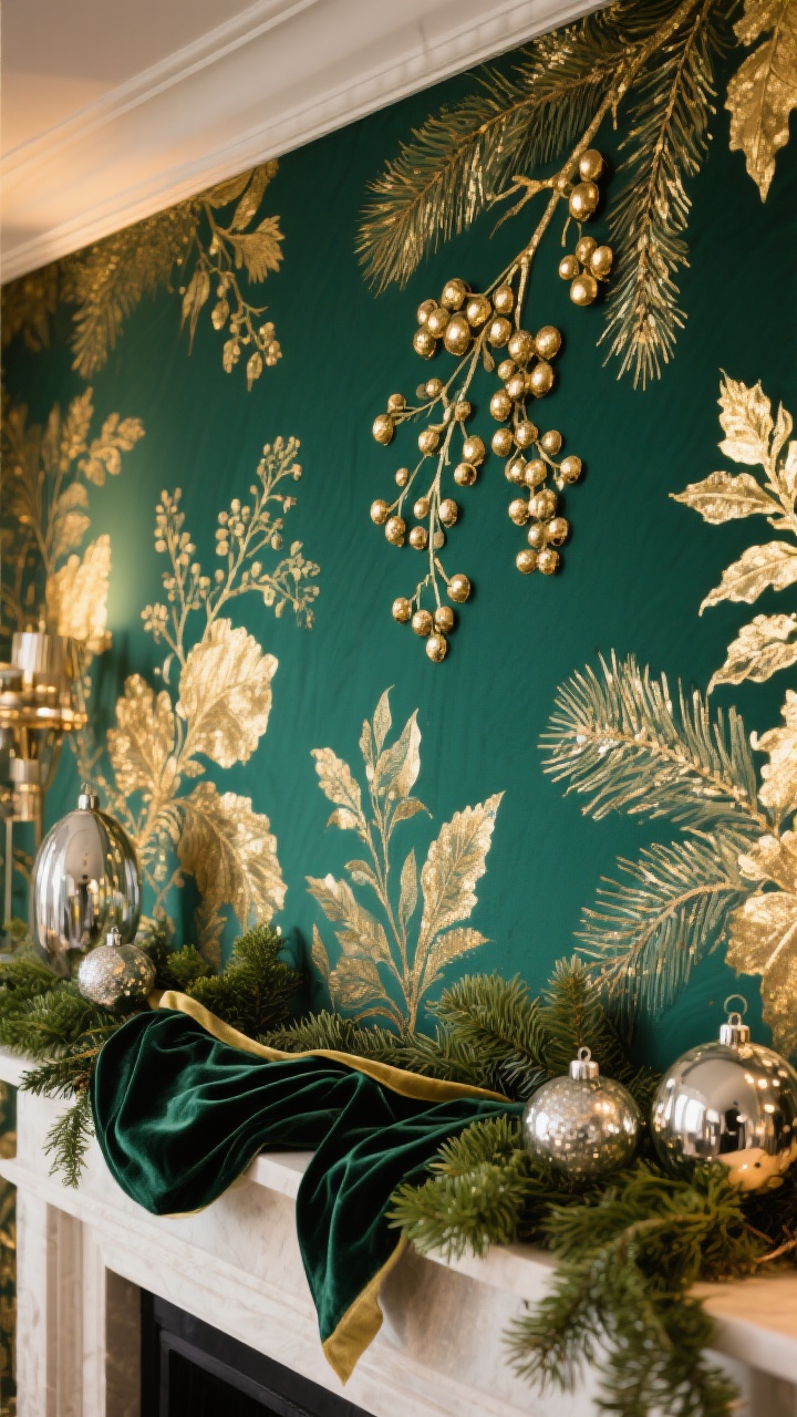 Detail closeup: Gilded botanical wallpaper on a deep emerald base featuring holly, mistletoe, pine boughs, and subtle gold detailing. In front, layered textures: a length of velvet ribbon, mercury glass ornaments, and fresh clipped greenery arranged on a shelf. Keep the ceiling out of frame to emphasize the rich wall and metallic shimmer; warm side lighting enhances the gold accents, photorealistic.