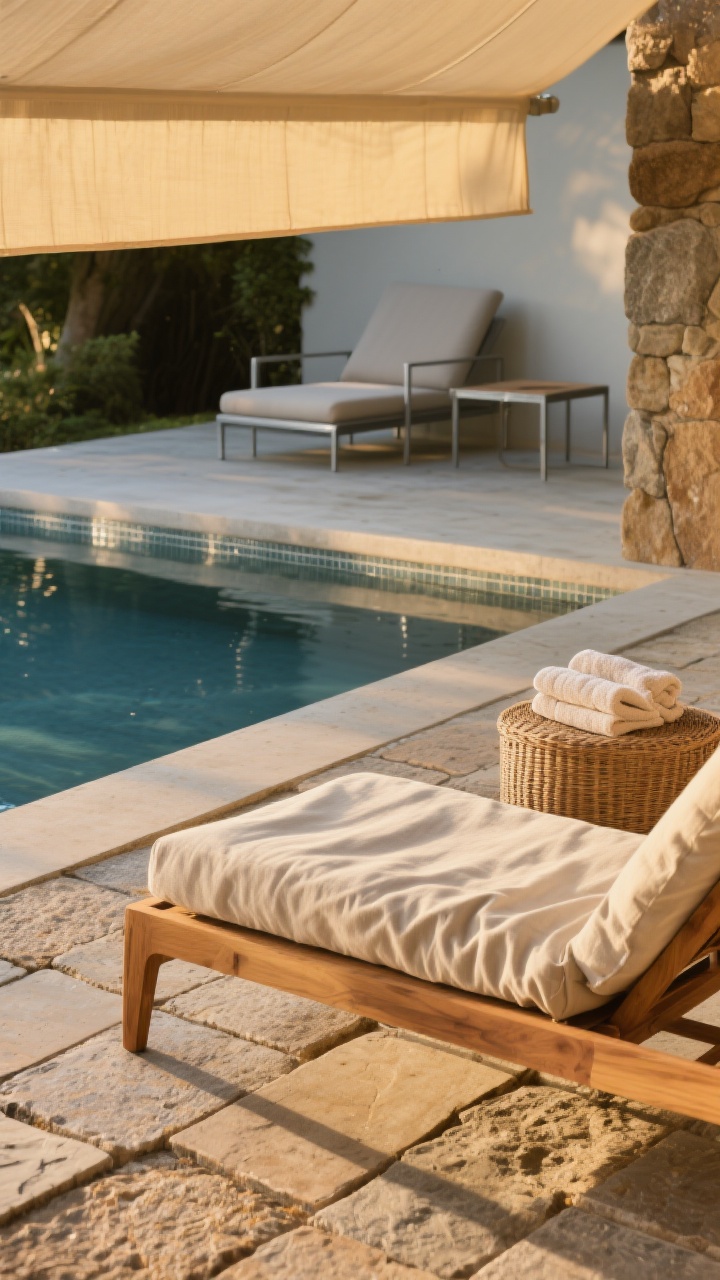 Detail closeup, golden afternoon light: A layered texture study arranged beside the pool edge. Foreground shows natural stone pavers with subtle grain, a teak lounger arm with smooth sun-worn patina, and a rumpled linen cushion; adjacent area shows a concrete slab transitioning to a warm wicker side table under a taut canvas shade sail; in the background, a glossy waterline tile meets powder-coated metal furniture with plush terry towels folded on top. Emphasize the contrast of smooth, rough, and soft textures in one composition, shallow depth of field.