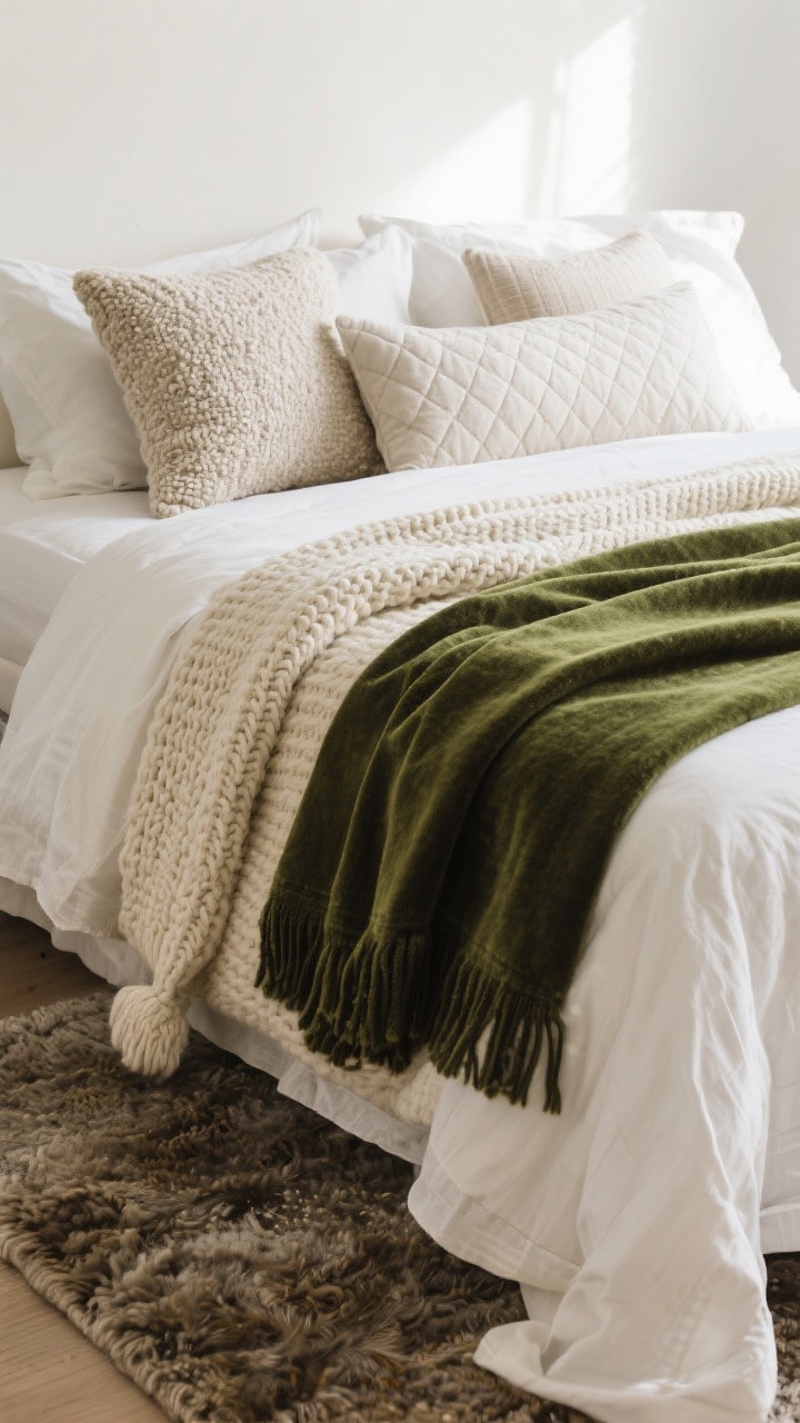 Detail closeup: Layered textiles on a bed—crisp white linen sheets, a cozy chunky knit cream coverlet, a folded velvet moss-green throw at the foot, and a mix of pillows (two Euro shams in boucle, two standard cotton, one long lumbar in quilted fabric); soft side light showing the fabric weaves, plus a plush rug extending well beyond the bed edge visible at the bottom of frame.