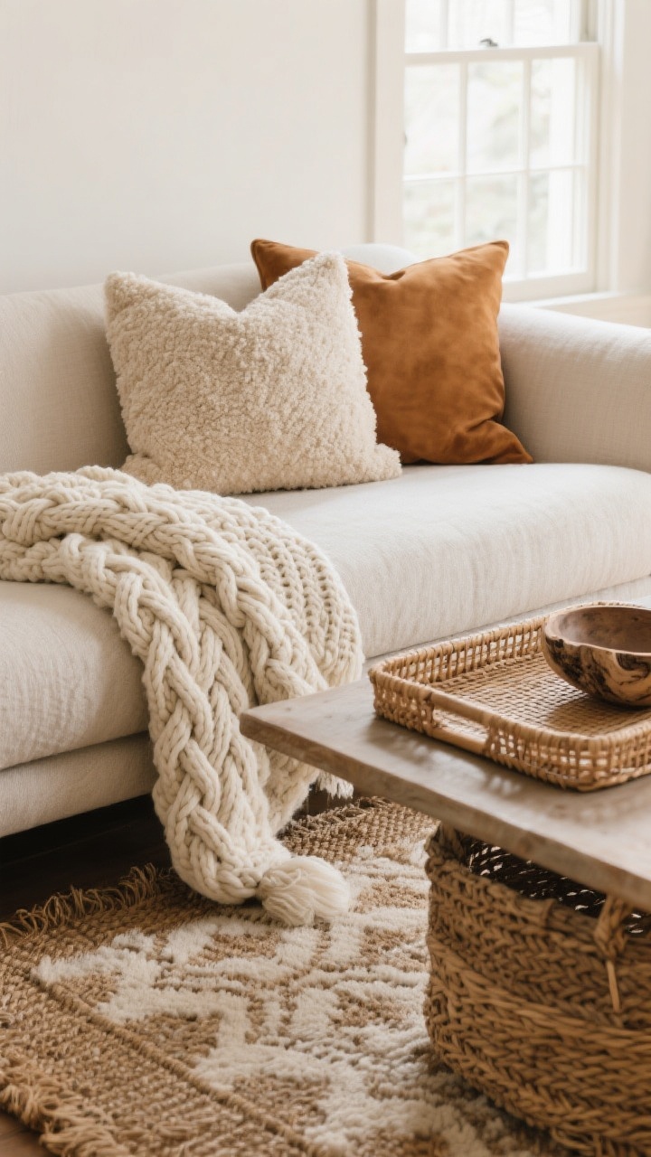 Detail closeup: layered textures on a sofa and coffee table vignette—chunky cable-knit throw in cream, nubby linen pillow, bouclé pillow in soft beige, and a suede pillow in warm tan; foreground shows a rattan tray on a jute rug base with a soft wool patterned rug layered on top; seagrass basket and a small driftwood bowl visible at the edge; soft natural window light highlighting fabric weaves, shallow depth of field, corner angle.