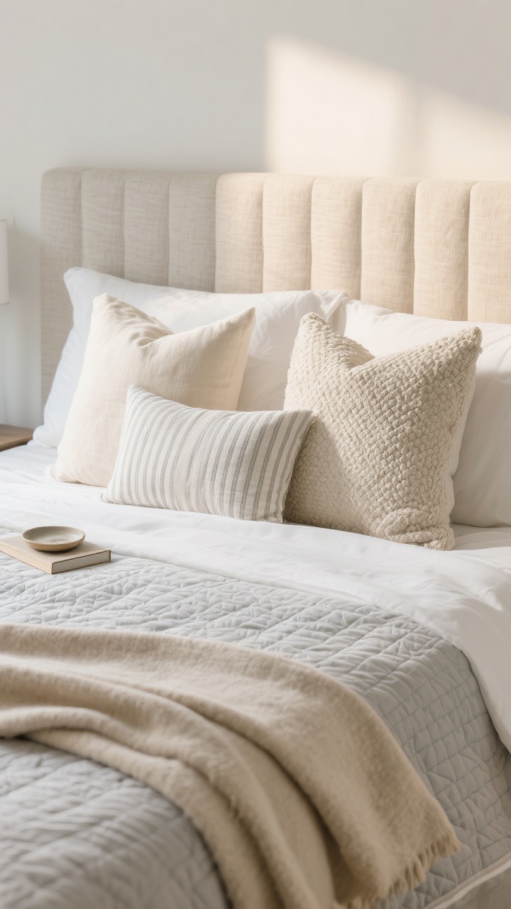 Detail closeup: Luxe bed styling with texture over pattern—crisp white sheets, a lightweight quilt in soft dove grey, and a plush oatmeal-toned throw draped at the foot. Two to three pillows in linen, matelassé, and boucle within a tight palette of cream, sand, and pale grey; a subtle small-scale stripe pillow for restraint. A low, padded headboard in textured fabric behind. Warm, diffused morning light highlighting fabric weaves; bedside surface nearly empty with just a small dish and one book.