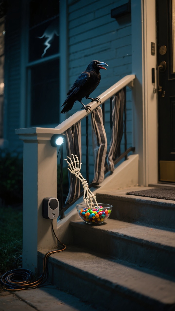 Detail/closeup nighttime shot near the front step focusing on sound-and-motion accents: a motion-activated crow perched beside a candy bowl, beak open mid-caw; a skeletal hand subtly positioned to twitch near the bowl; narrow strips of fabric hidden under the railing to flutter with the breeze; a small, tucked-away Bluetooth speaker hinting at low-volume thunder and distant howls; cords neatly covered and outdoor-rated; composition framed to show the likely trigger zone at the step while keeping stairs visibly clear; moody, restrained lighting that suggests a jump-scare without chaos.