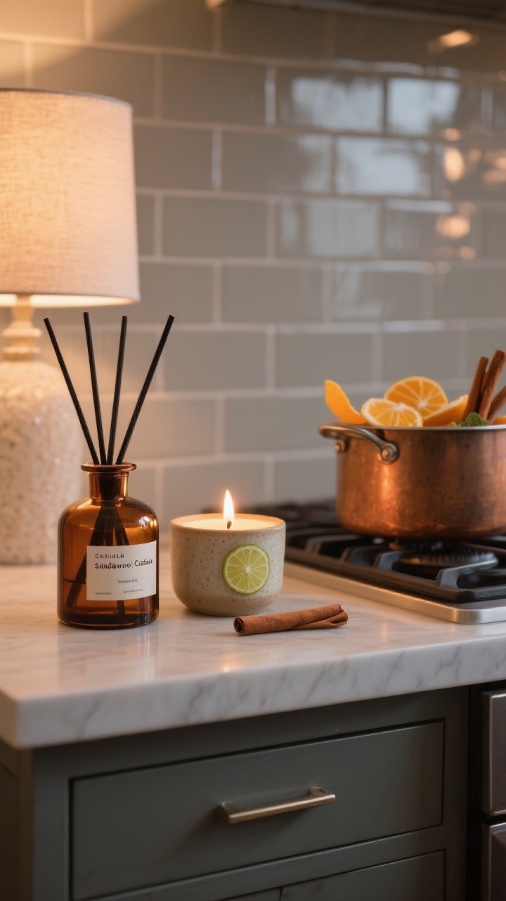 Detail closeup of a scent vignette on a console: a matte amber glass diffuser labeled sandalwood/cedar as the base note, a lit vanilla-bergamot candle in a ceramic holder as the accent, and a small simmer pot on a nearby cooktop with visible citrus peels and cinnamon sticks; soft, warm evening light reflecting off a greige tile backsplash; cozy, intentional mood; photorealistic.
