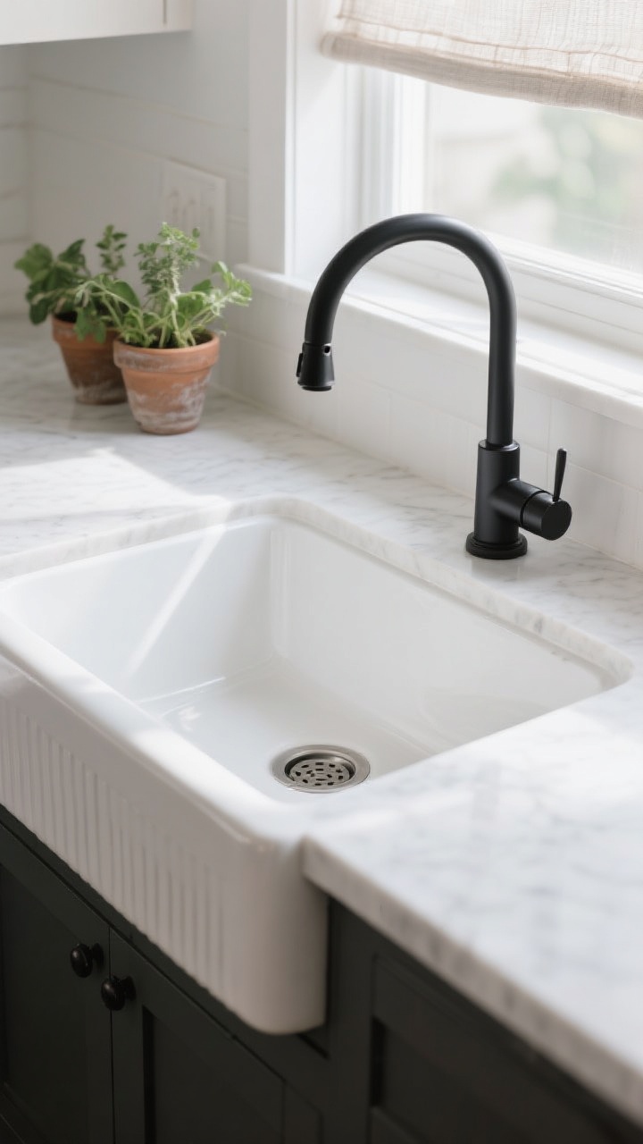 Detail closeup of a sleek single-bowl apron-front farmhouse sink in white fireclay, with a matte black high-arc pull-down faucet; minimal, plain-front apron edge; integrated drainboard subtly ribbed beside the basin; soft daylight from a sink window with a simple linen shade casting gentle shadows; fresh herb pots on the sill; surrounding counters in white quartz; finishes are modern and clean; no people, photorealistic.