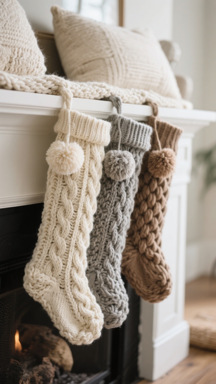 Detail closeup of chunky knit stockings in a soft, neutral palette: cable knit, popcorn knit, and braided textures in cream, gray, and warm taupe, each with oversized pom-poms and one with a simple cuff; a knit runner draped across the mantel and coordinating knit pillow covers blurred in the background; natural fibers (wool/cotton) with a matte, soft finish highlighted by diffuse morning light; tight framing to showcase stitch variation and tactile warmth.