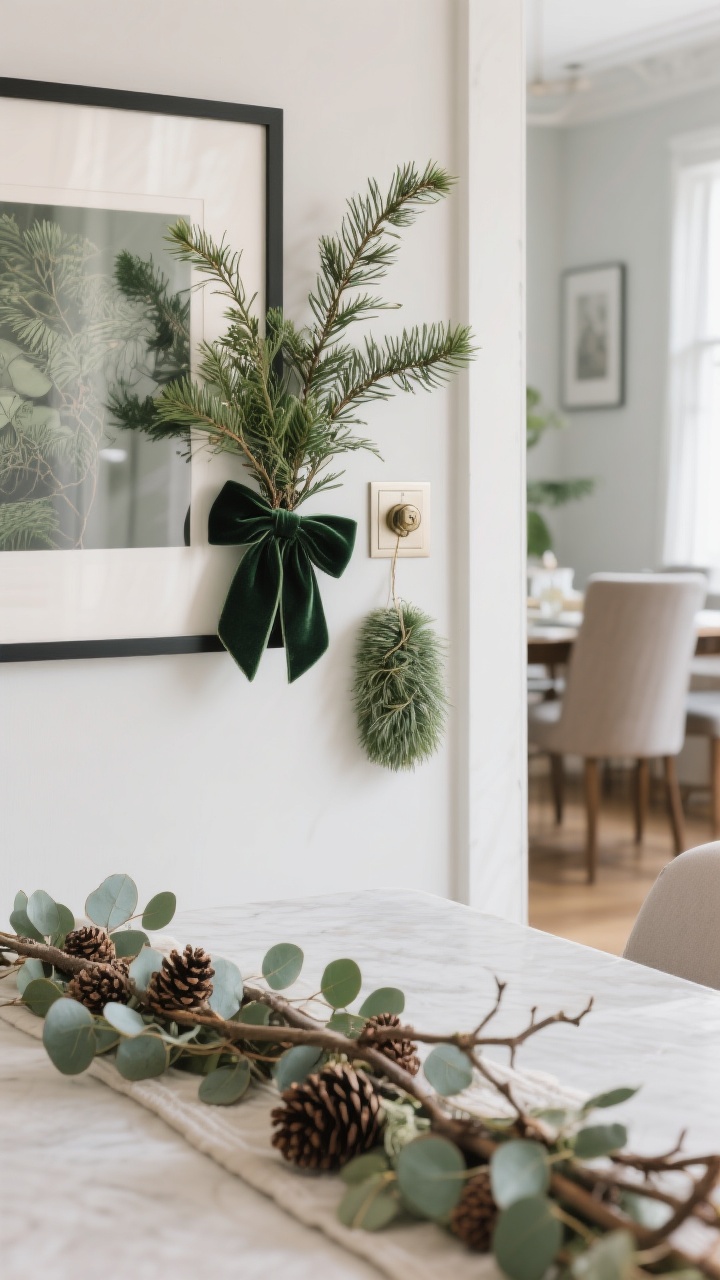 Detail closeup of greenery styled around the apartment without mess: sprigs tied to a picture frame corner with a small velvet bow, a tuft of cedar looped over a cabinet knob for a European vibe, and a glimpse of a dining table runner made of mixed branches and pinecones; include faux eucalyptus interwoven; gentle daylight with natural textures emphasized.