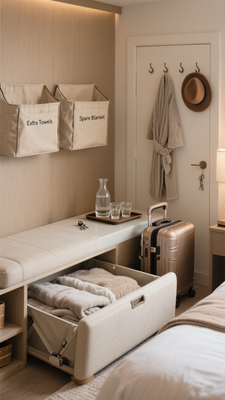Detail closeup of guest-ready storage: an upholstered storage bench at the foot of the bed open to reveal blankets, a foldable luggage rack beside it holding a small carry-on, a tray on a slim surface with a glass water carafe, two tumblers, and a small catchall for keys; nearby over-door hooks with a robe and hat; fabric-sided under-bed bins slightly visible; warm neutral backdrop with practical labels on two slim baskets reading “Extra Towels” and “Spare Blanket”; soft ambient lighting for a calm, organized feel