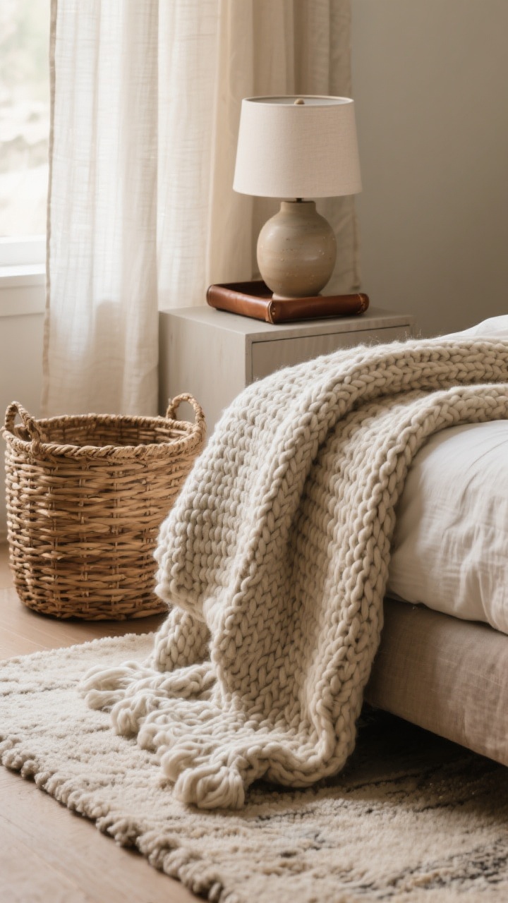 Detail closeup of layered textures at the foot of a bed: a chunky knit throw blanket draped over a soft low-pile rug edge, next to a woven basket; nearby, a ceramic lamp base with a subtle matte glaze sits on a nightstand alongside a small leather tray; linen curtain panel in the background diffuses light; focus on the tactile contrast of smooth, chunky, matte, and woven surfaces; warm, cozy lighting.