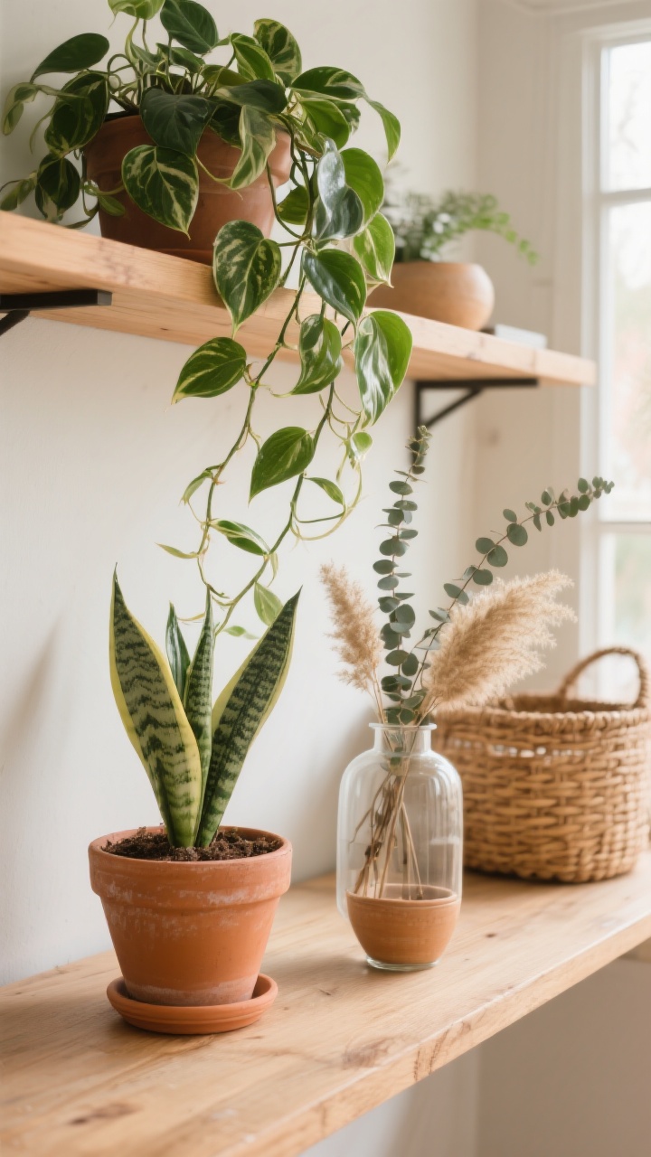 Detail closeup of plants and vessels on a shelf: trailing pothos and philodendron drape from a wood shelf edge; a ZZ plant in a clay terracotta pot and a snake plant in a warm-toned ceramic planter; a simple glass vase with dried pampas and eucalyptus stems adds texture; rattan basket nearby; soft natural window light highlights leaf sheen and earthy materials; photorealistic, warm palette.