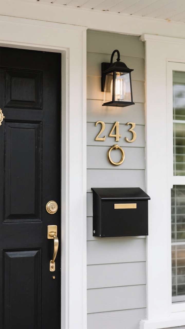 Detail closeup of upscale porch hardware and numbers: matte black or brass house numbers mounted on siding, a sleek modern lever or classic knob on the door, and a simple brass ring door knocker; coordinated finish with a nearby porch light; include a sleek black mailbox or mail slot; subtle paint touch-ups on trim; even, clean daylight emphasizing metal finishes and crisp edges.
