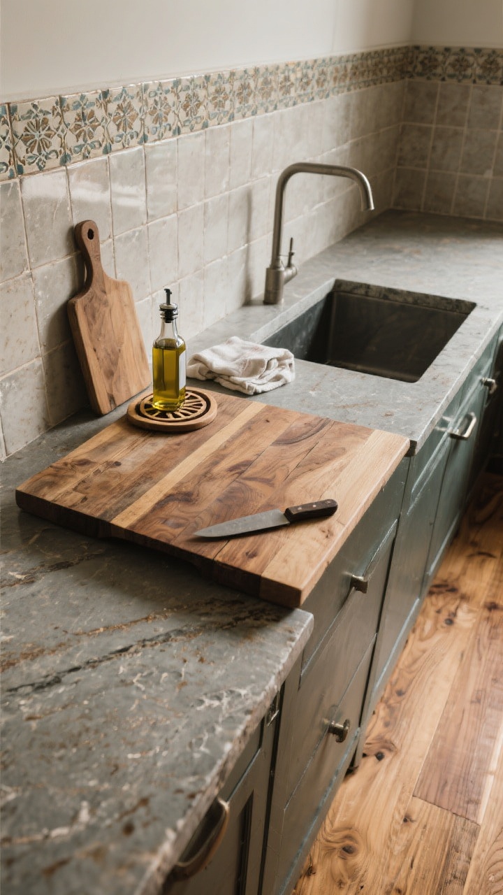 Detail closeup of workhorse surfaces: a honed soapstone counter meeting a butcher block prep zone with visible patina and soft knife marks; hand-placed zellige tile backsplash with subtle texture and variation. A cutting board and trivet sit nearby, with a small bottle of mineral oil and cloth hinting at low-maintenance care. Wide-plank wood flooring in warm oak tone visible at the edge. Soft side lighting highlights the matte textures and gentle wear; photorealistic macro feel.