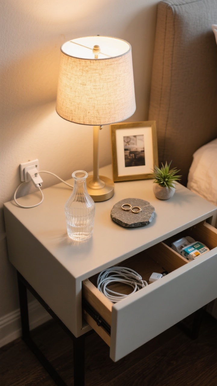 Detail closeup, overhead angle: A useful nightstand setup with a closed drawer slightly ajar hinting hidden storage (cords, meds), a small lamp, glass carafe with tumbler, stone coaster, tiny catchall dish with rings, a clipped charging cable neatly anchored at the back edge, plus a small framed photo and a mini plant; warm task lighting from the lamp.