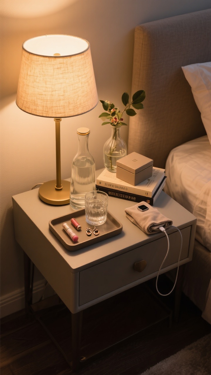Detail closeup, overhead perspective: a styled nightstand that’s functional and pretty—shaded lamp with warm light, a small tray/catchall corralling glasses, lip balm, and earrings, a glass water carafe with a topper, a tiny leafy plant or bud vase, and a neat two-book stack; a lidded box tucked beside the tray, and a cloth-covered phone charger cable routed discreetly through the back; warm, intimate evening lighting; minimal clutter; photorealistic.