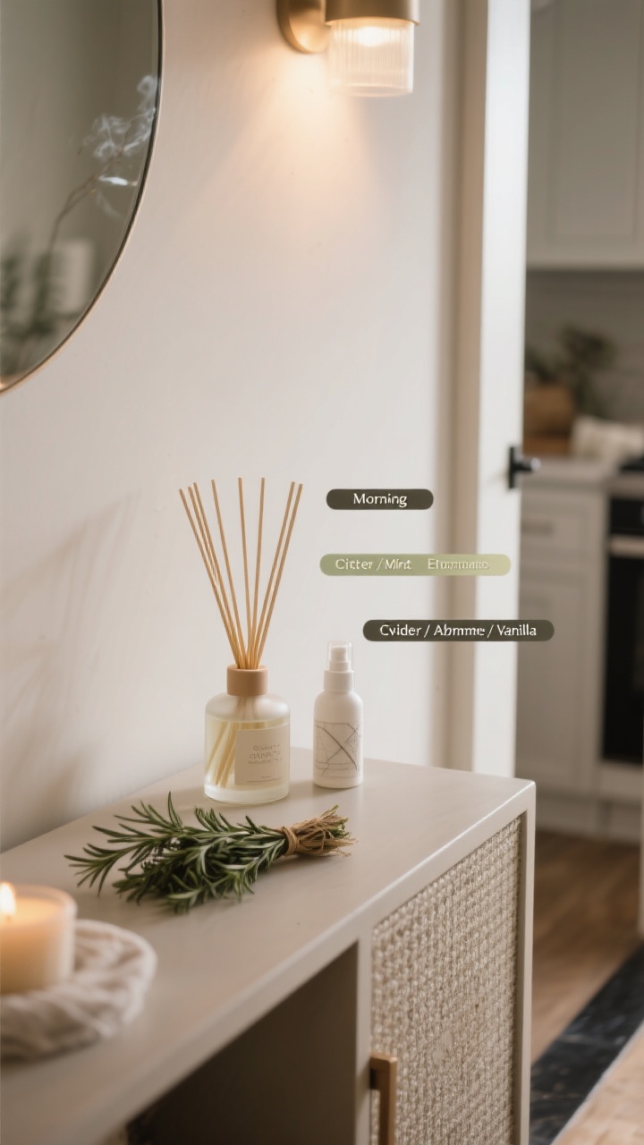 Detail closeup: Scent-focused styling—an entry console with a minimalist reed diffuser, nearby a candle and a small linen spray bottle; labeled notes indicate morning citrus/mint and evening cedar/amber/vanilla options, with a small herb bundle (rosemary) near the kitchen threshold to suggest odor control; subtle, cozy ambient lighting that hints at a signature home fragrance without smoke or people, photorealistic.