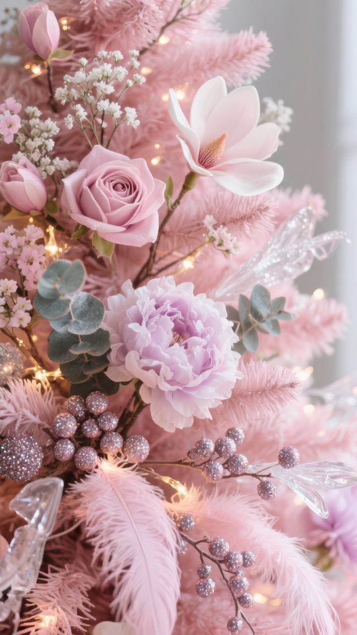 Detail closeup, slightly angled, of sugar plum floral picks tucked deep into a pink Christmas tree: small blush blossoms and frosted baby’s breath in the top third, dusty pink silk roses and magnolias in the middle, and chunkier peonies, frosted eucalyptus, and glittered berry clusters at the bottom. Include pale pink feather picks adding motion and a few clear acrylic “icy” twigs catching the lights. Arrange in a subtle zigzag pattern to avoid symmetry, with stems hidden to feel like blooms are growing from the branches. Warm, twinkling tree lights creating sparkle on glittered berries and acrylic twigs; photorealistic textures of petals and frost.