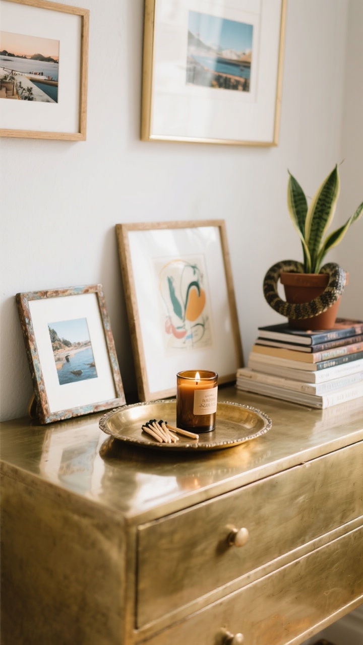 Detail closeup, straight-on: A dresser vignette personalized with meaningful moments—framed travel photos, a small thrifted art print, a vintage brass tray holding a sandalwood candle and matches, a stack of well-loved books, and a small snake plant; candle unlit, soft natural light creating cozy reflections on the brass.