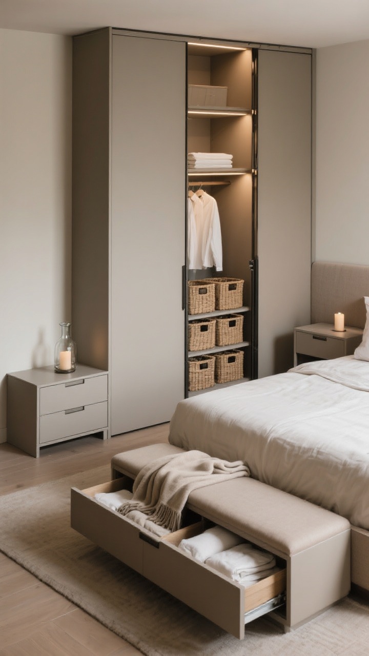 Detail/overhead hybrid shot highlighting built-in, space-saving storage: a sleek built-in closet with sliding doors just ajar to reveal interior lighting and matching baskets for uniform organization; under-bed drawers pulled out neatly with folded linen bedding; nightstands with drawers closed, only a candle and a glass carafe on top; a storage bench at the foot of the bed with a folded throw inside. Clean lines, matte finishes, warm neutrals. Emphasize clutter-free, integrated storage that doesn’t bulk up the room.
