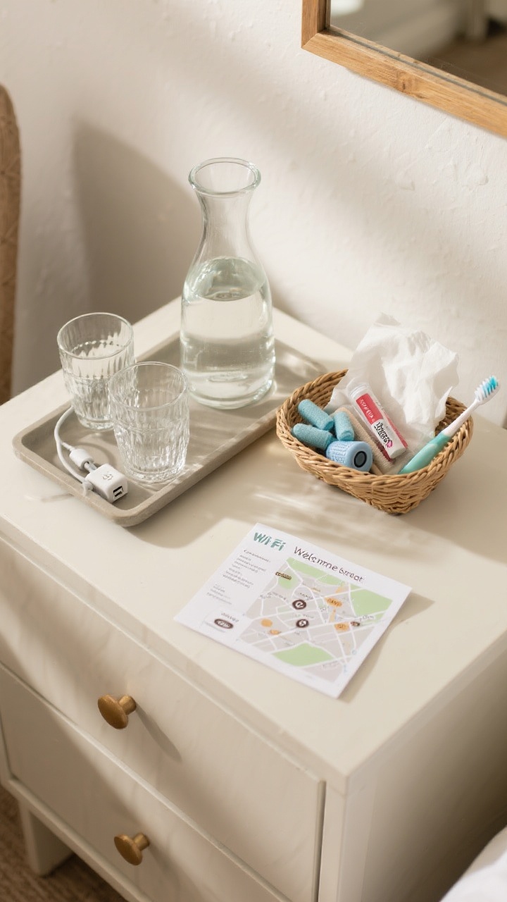 Detail overhead shot of a thoughtful welcome station on a dresser: a glass water carafe with matching tumblers, a universal charging cable on a small tray, a neatly printed Wi‑Fi info card, and a mini basket holding lip balm, tissues, lint roller, earplugs, and a spare toothbrush; a small folded note with local coffee spots and a simple map; soft natural light, clean and inviting.